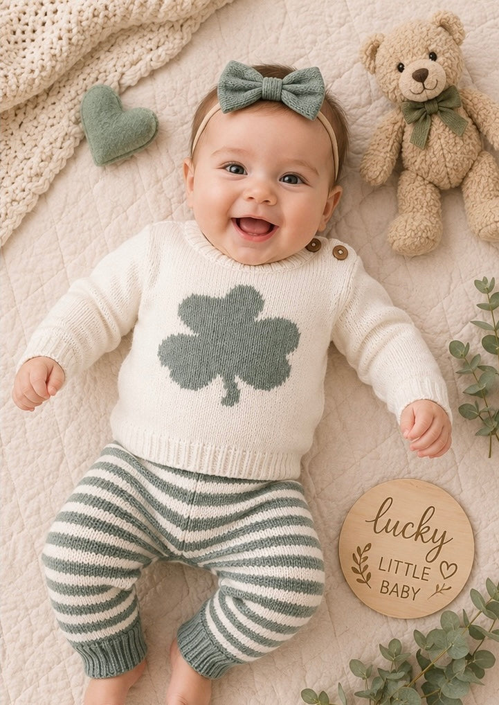 Lucky Clover Knit Sweater & Stripe Knit Pants Set