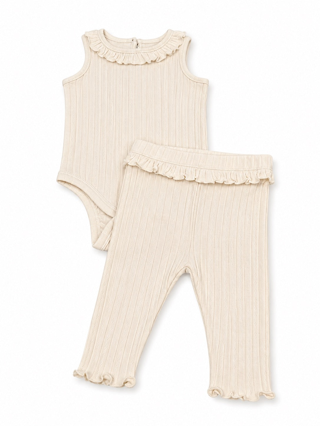 Cream Ribbed Ruffle Bodysuit & Leggings Set