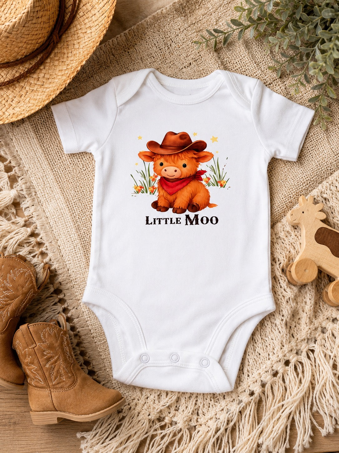 Little Moo Cowboy Highland Cow Baby Bodysuit
