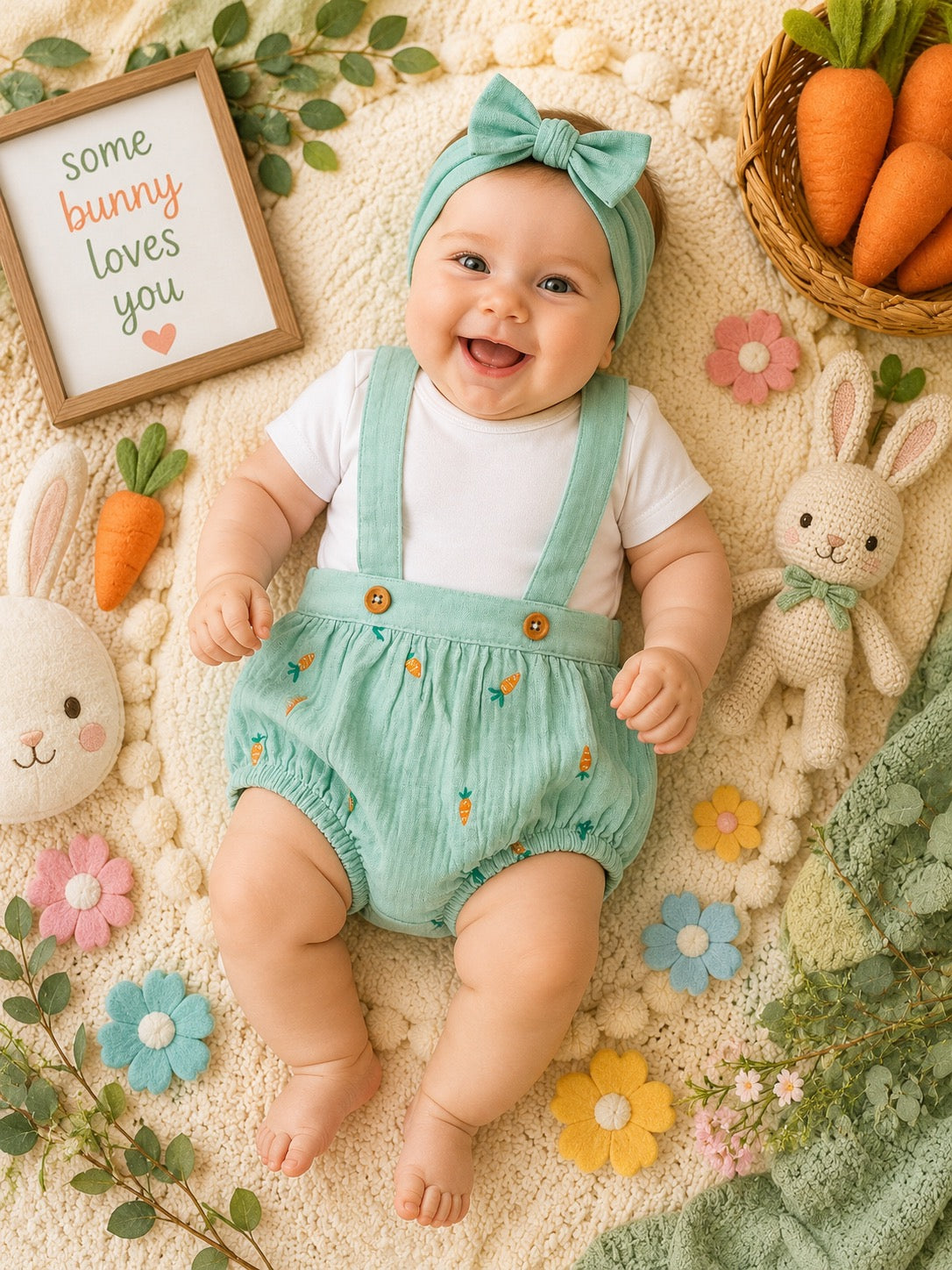 Mint Carrot Muslin Suspender Bubble Romper Set
