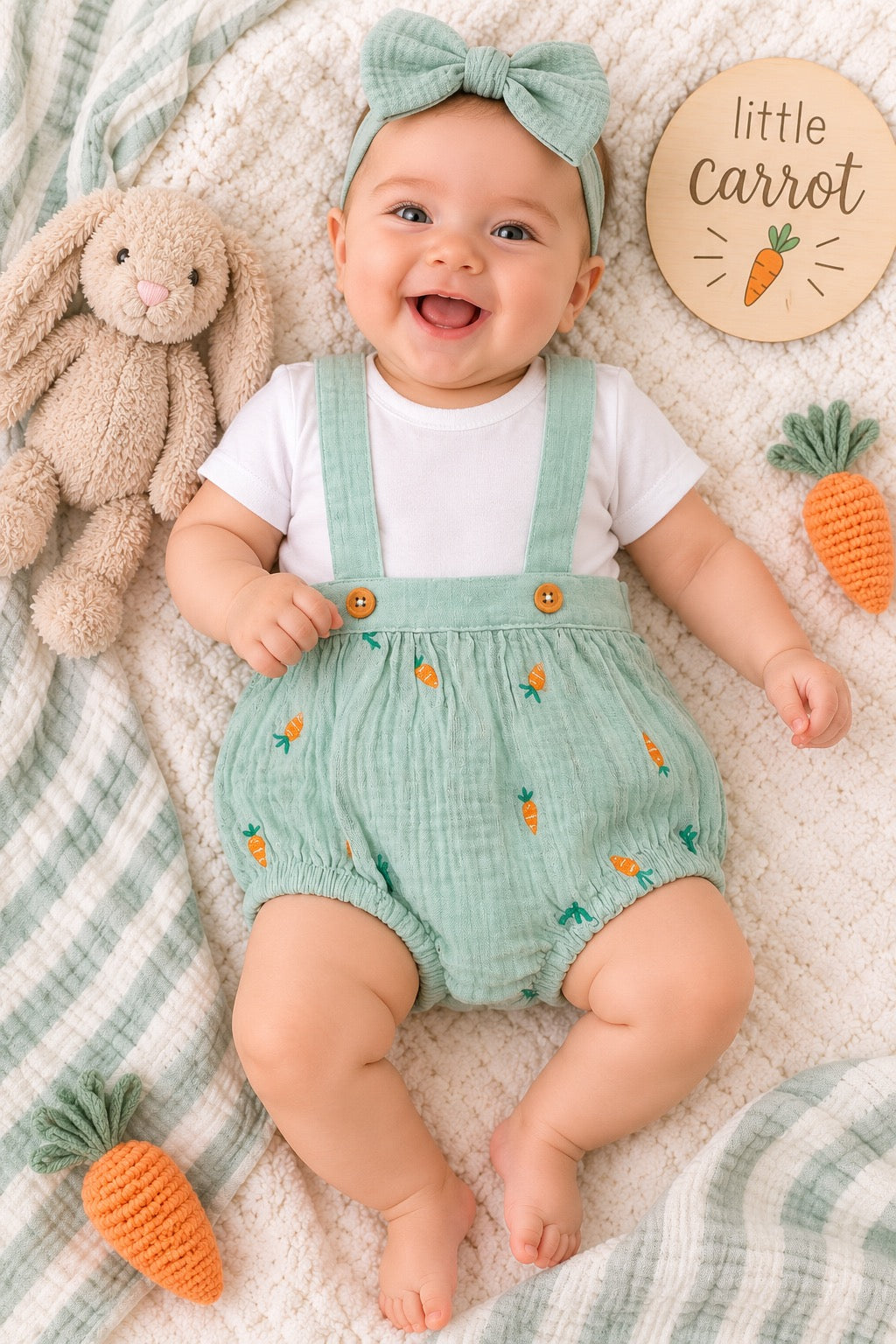 Mint Carrot Muslin Suspender Bubble Romper Set