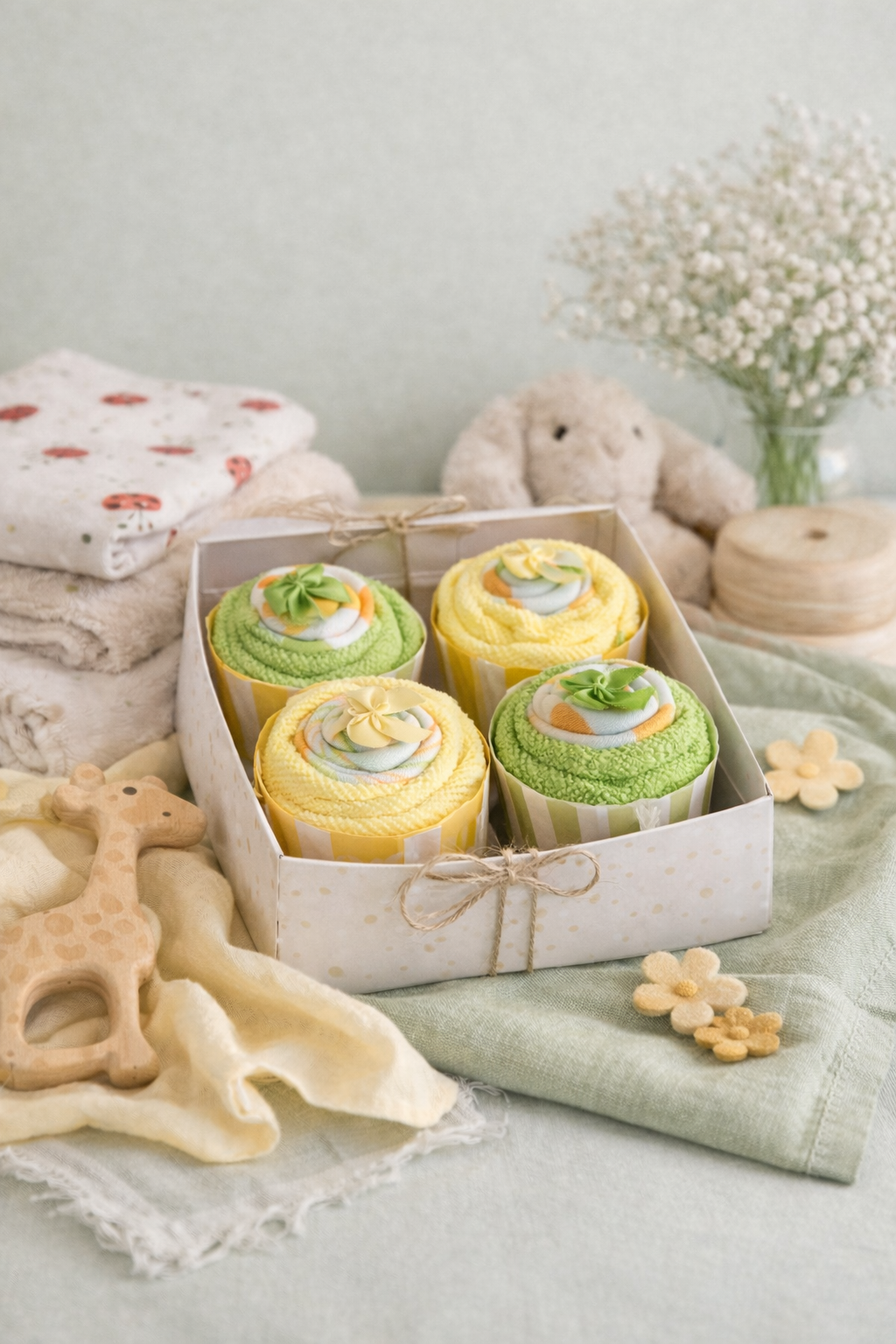 💛💚 Green & Yellow Variety Pack – Washcloth Cupcake Box (Set of 4)