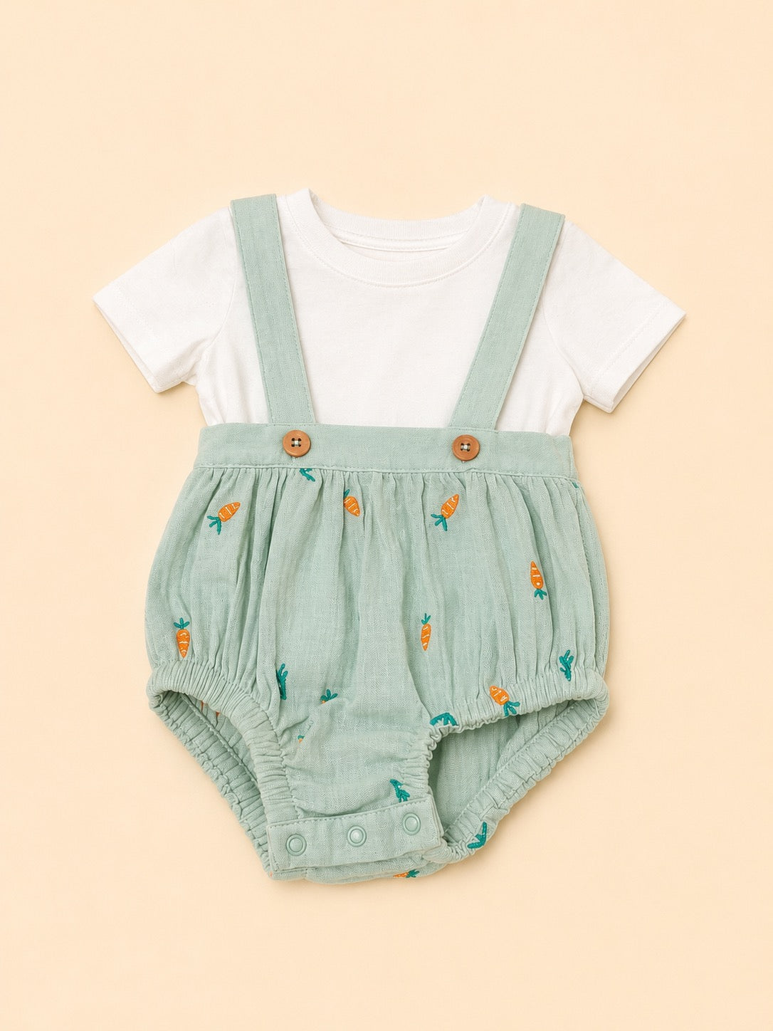 Mint Carrot Muslin Suspender Bubble Romper Set