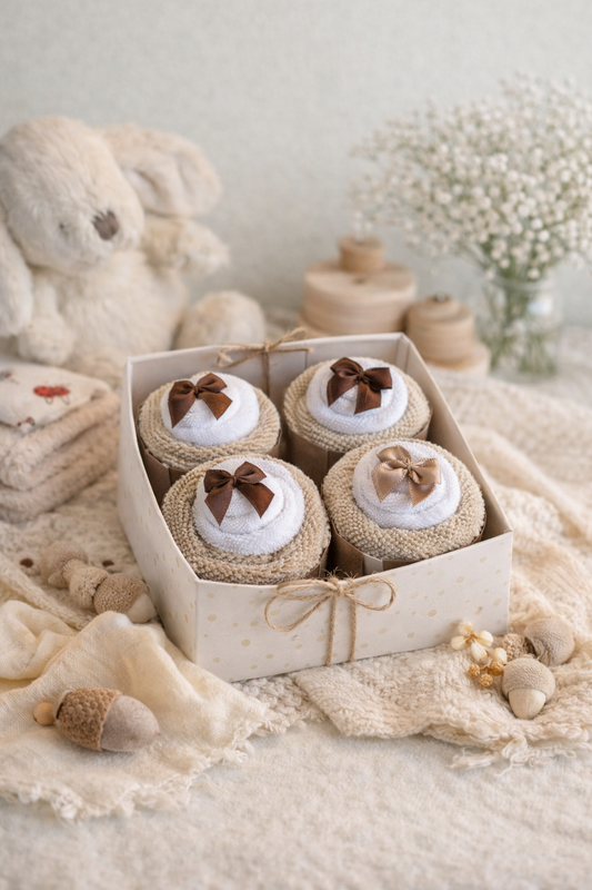 🤍🤎 Neutral White & Tan Washcloth Cupcake Gift Set (Set of 4)