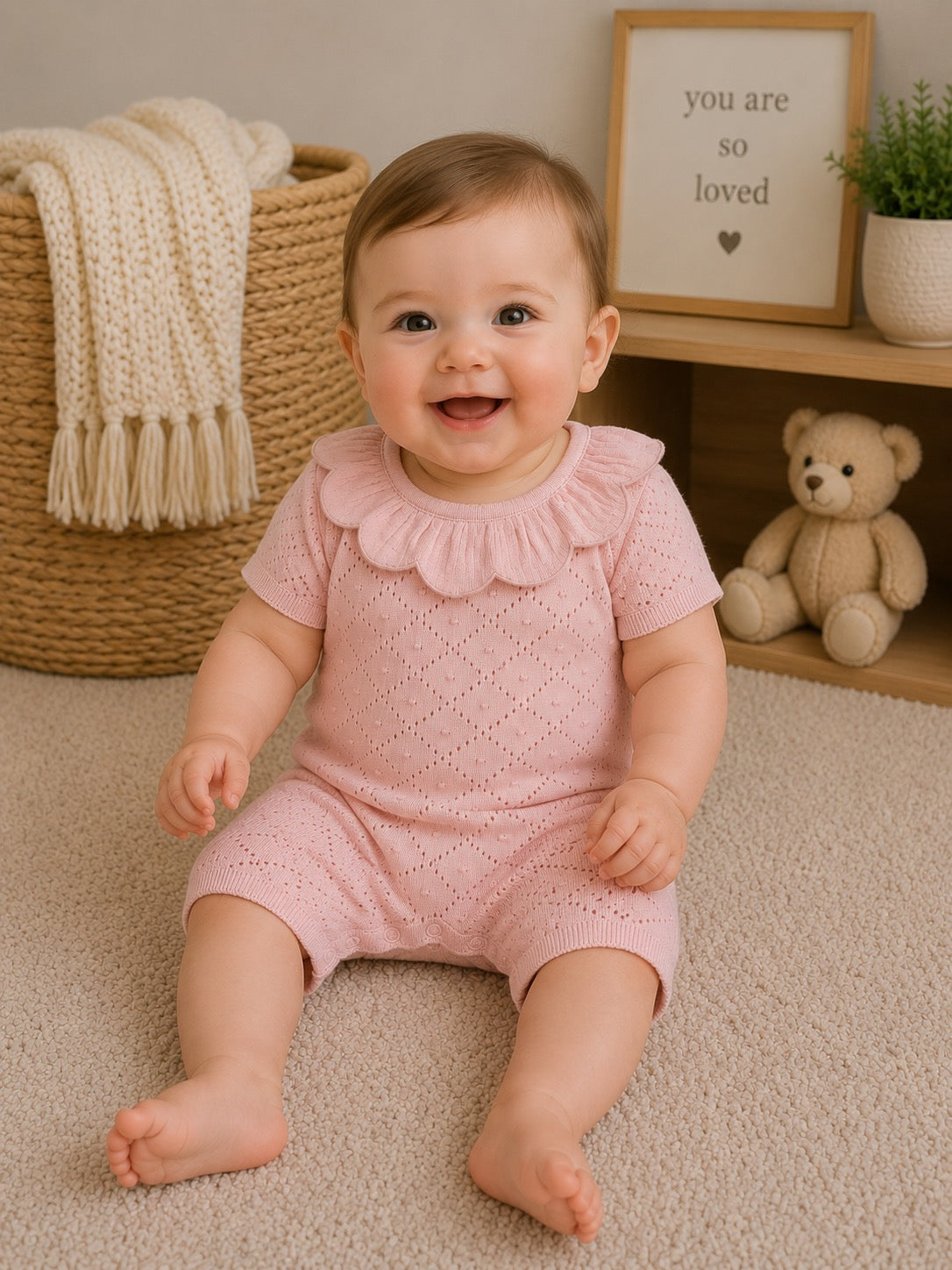Peach Pointelle Knit Bubble Romper