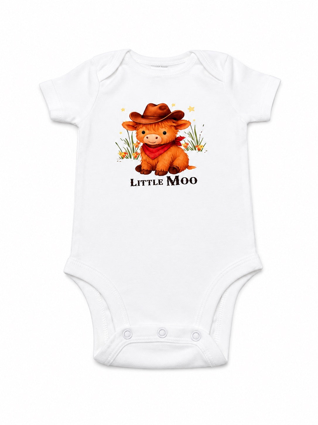 Little Moo Cowboy Highland Cow Baby Bodysuit